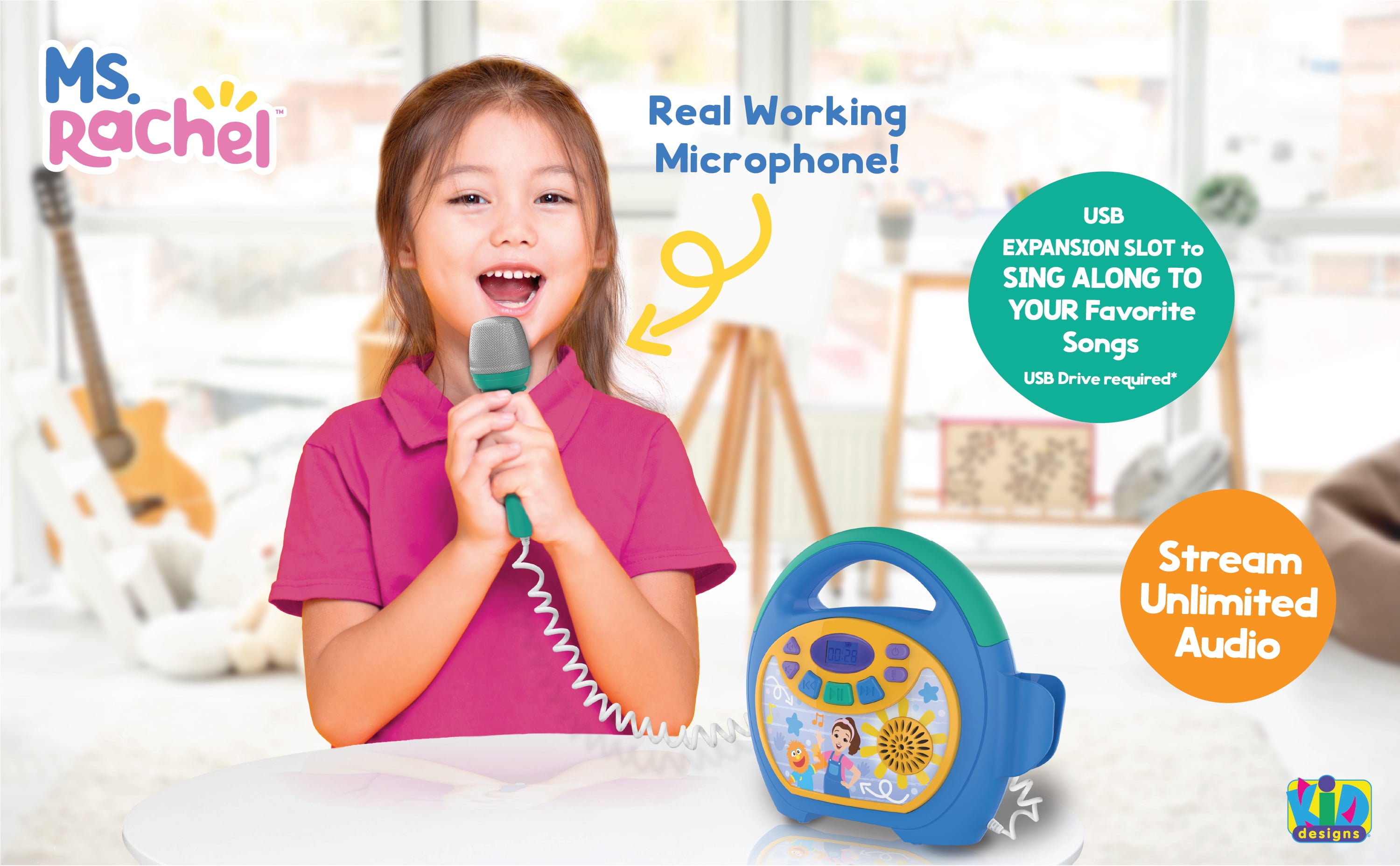 Ms. Rachel Kids Sing-Along MP3 Player with USB Port, LCD Display, and Kid-Friendly Controls