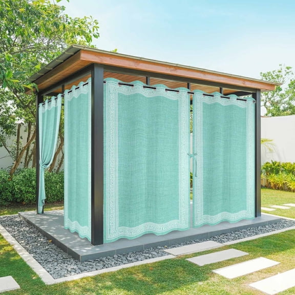 2 Panels Outdoor Curtains for Patio Waterproof 54"x84" Bluish Green Retro Greek Key Weatherproof Privacy Outsides Curtains, Greece Ancient Rustic Geometric Grommet Thermal Drapes for Cabana Porch
