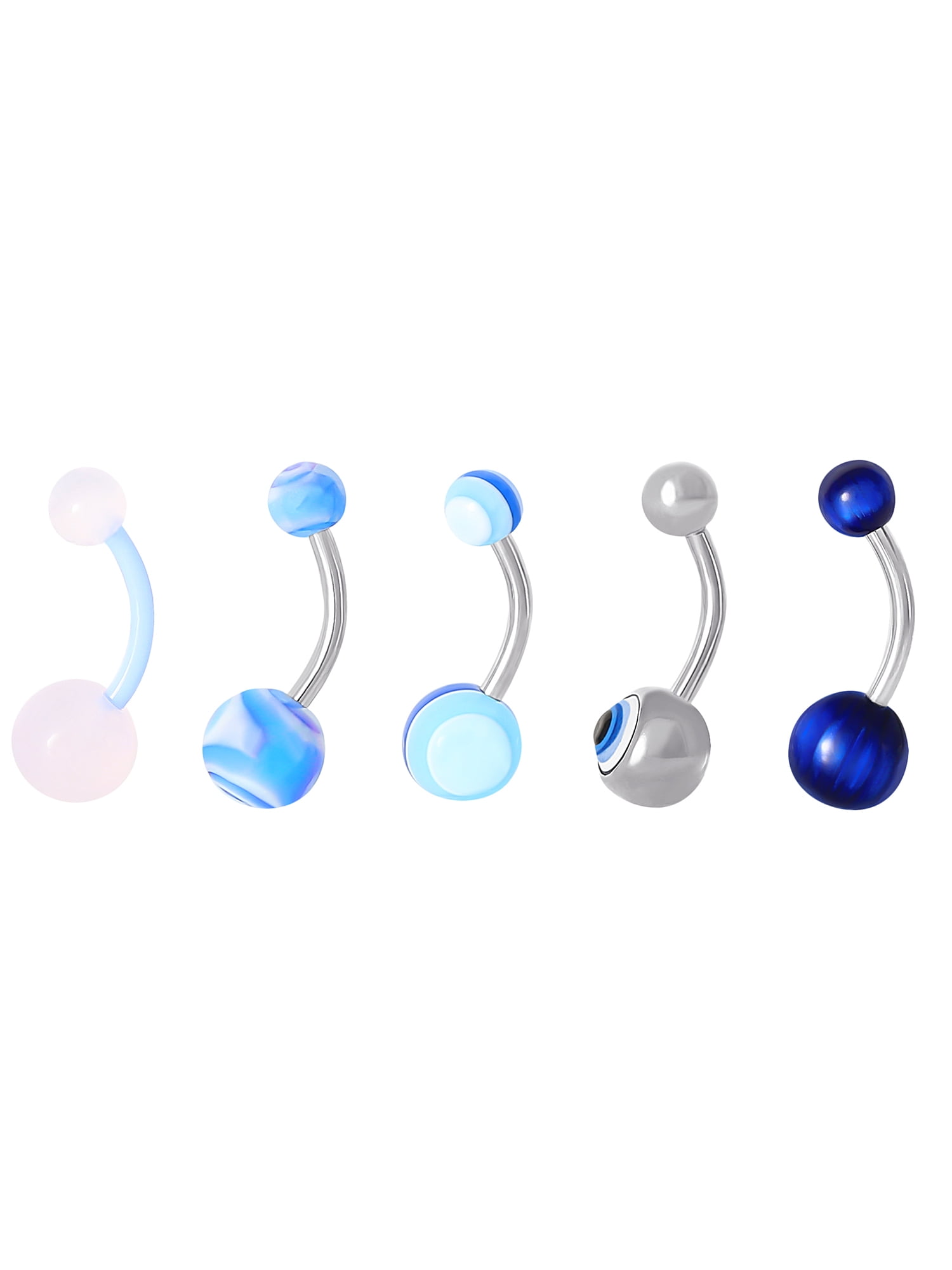 Women's Stainless Steel Belly Ring Set with Blue Eye Accents, 14 Gauge, 5-Pack