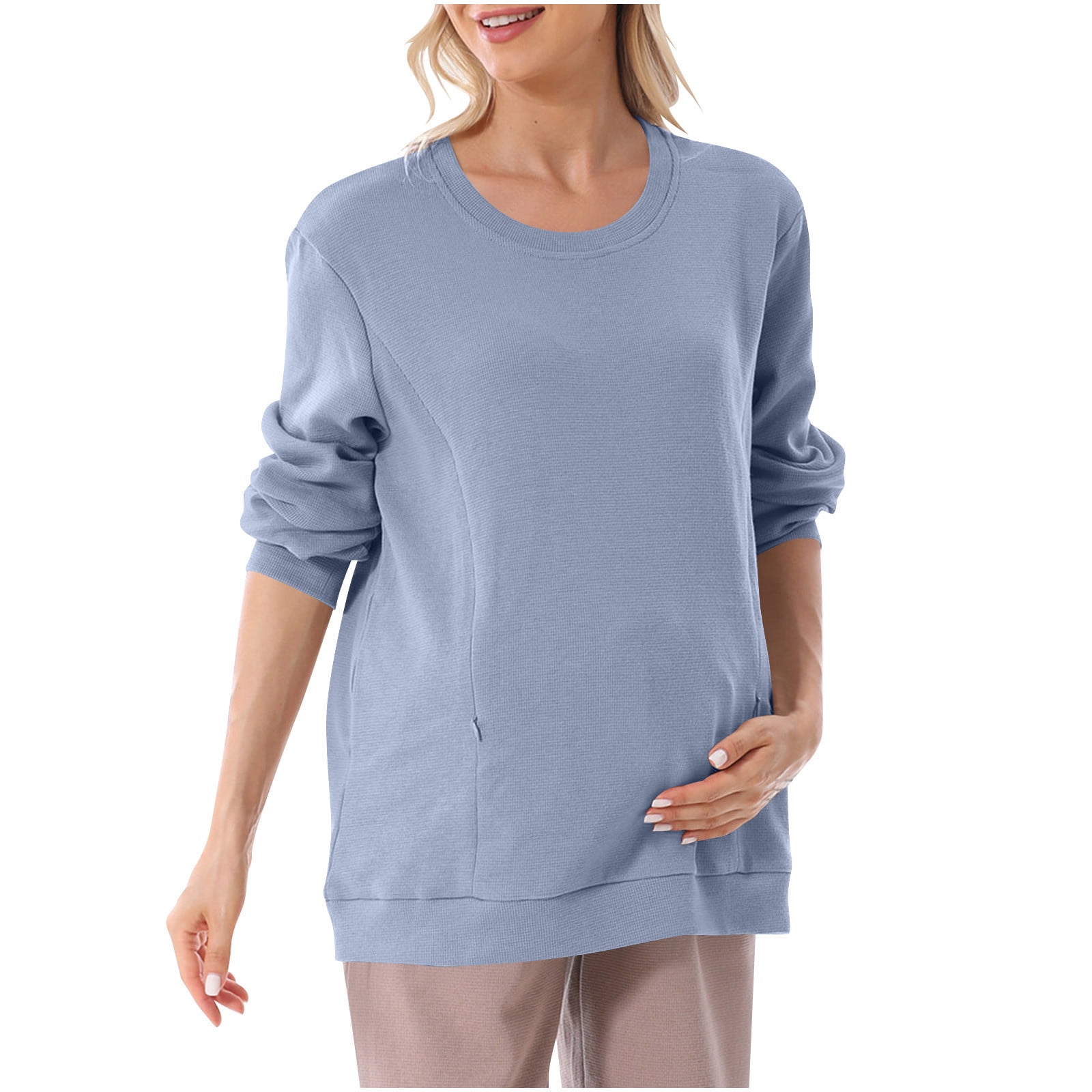 ylioge Maternity Tops for Women Pregnancy Plus Size S-4X Long Sleeve Sweatshirts with Zipper Pullover Solid Color Crewneck Nursing Sweatshirt Shirts