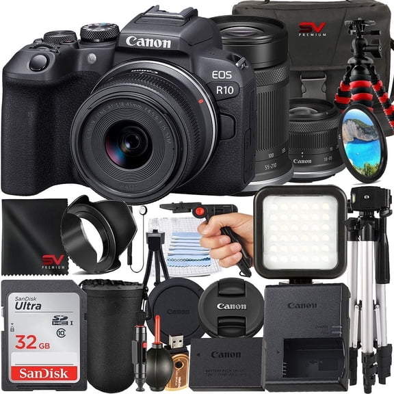 Canon EOS R10 Mirrorless Camera with RF-S 18-45mm   55-210mm Lens   SanDisk 32GB Memory Card   Case   Tripod   SV Premium Accessory Bundle