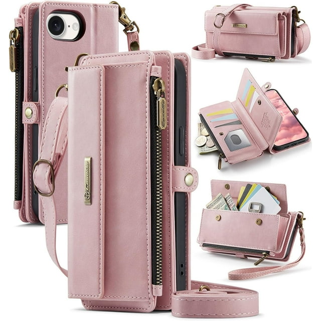 Funda Billetera para iPhone 16e – Funda para Teléfono de Cuero PU con Bloqueo RFID con Tarjetero, Bolsillo con Cremallera, Pata de Cabra, Cierre Magnético, Correa para el Hombro y la Muñeca