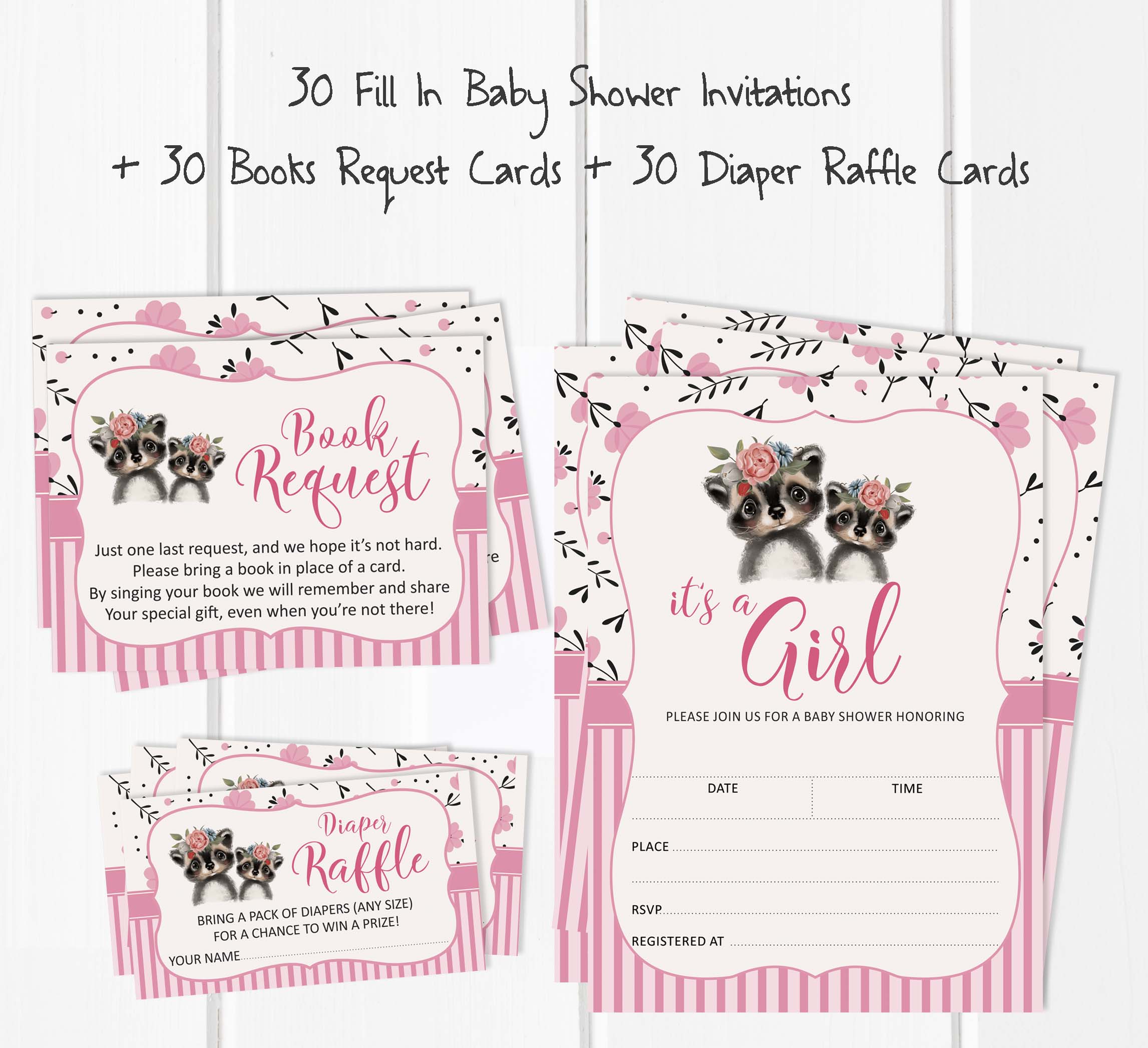 Inkdotpot Set Of 30Raccoon Baby Shower Invitations-Diaper Raffle Tickets And Baby Shower Book Request Cards Jungle Animals Invites Its A Boy Its A Girl