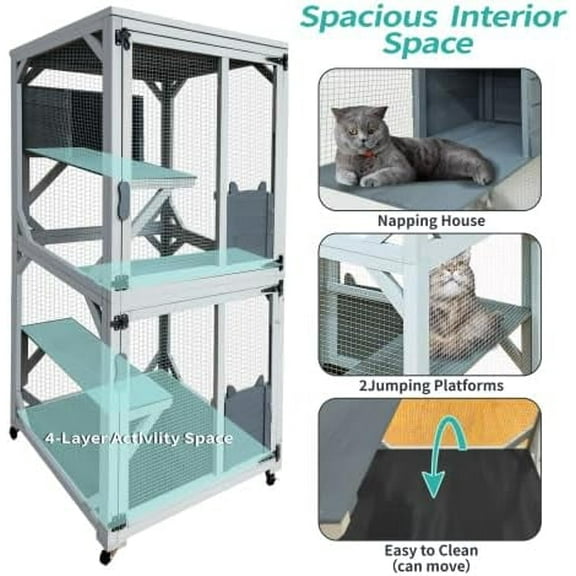 imerelez 70-Inch Cat Window Catio House, Outdoor Wood Cat Enclosure with Wheels, Platforms, Resting Condo, Lockable Doors, Sunshine Roof, Personalized Color Panels, Gray