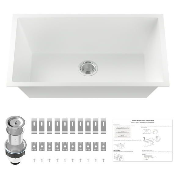 Premium White 30x18 Inch Undermount Kitchen Sink, Single Bowl Quartz Composite Sink with Strainer & Mounting Kit