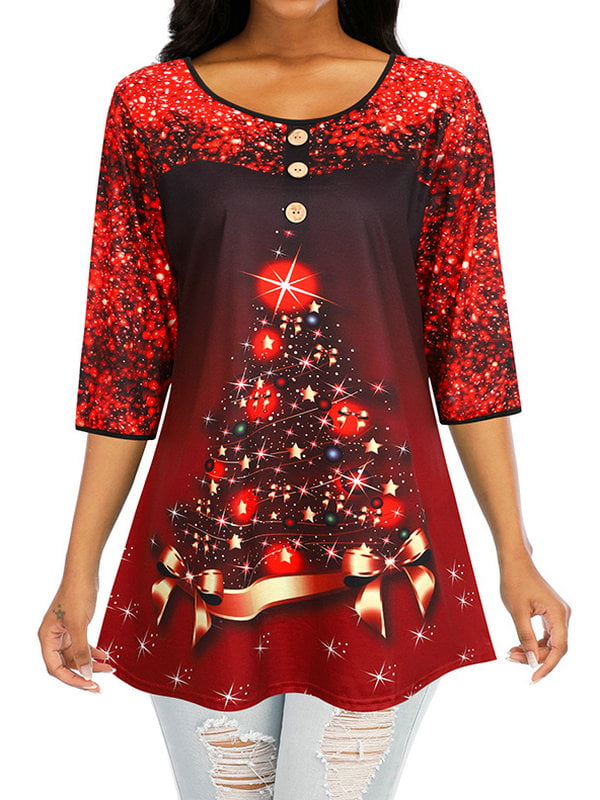 Joinnvt Women's Christmas Print 3/4 Sleeve Round Neck Shirts Blouses ...