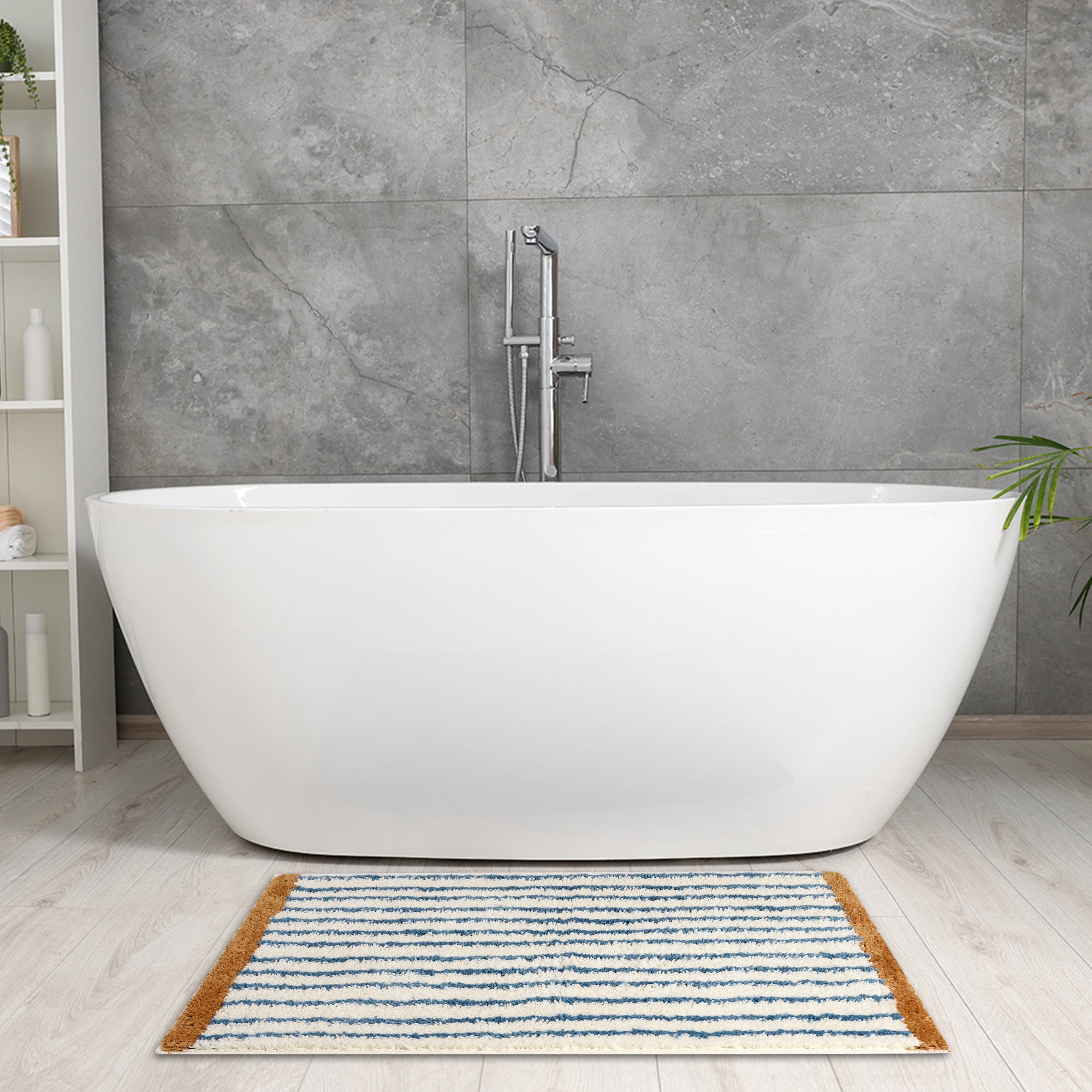 Unique Bargains Striped Bath Rug Mat Non-Slip Soft Bath Carpet Absorbent Washable Bathmat Dark Blue 20" x 32"