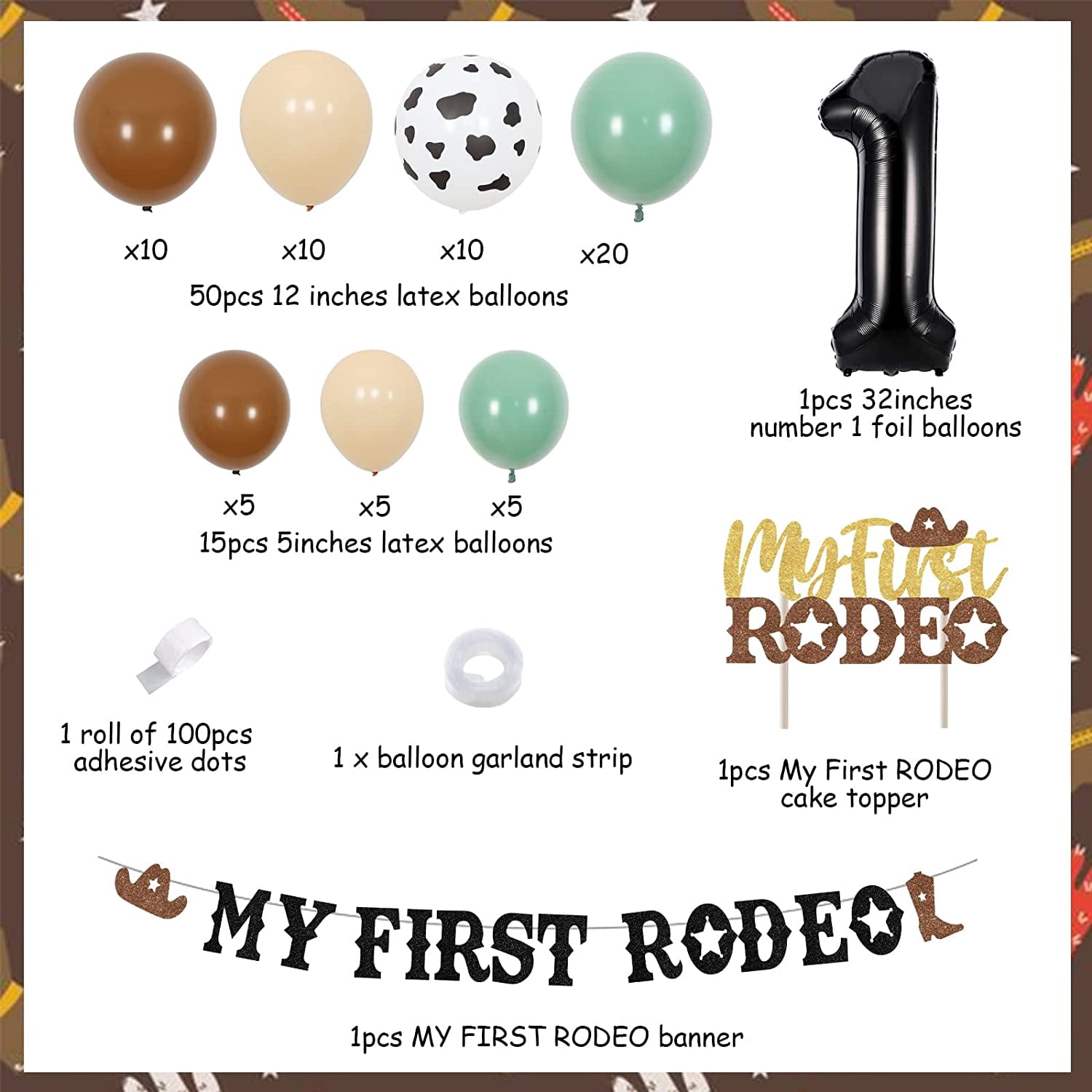 Cowboys First Rodeo Birthday Party, Cowboy 1st Birthday Decorations Balloon Garland Arch Kit with Number 1 Foil Balloon, My First Rodeo Banner Cake Topper for Cowboy Themed Party 1st Birthday