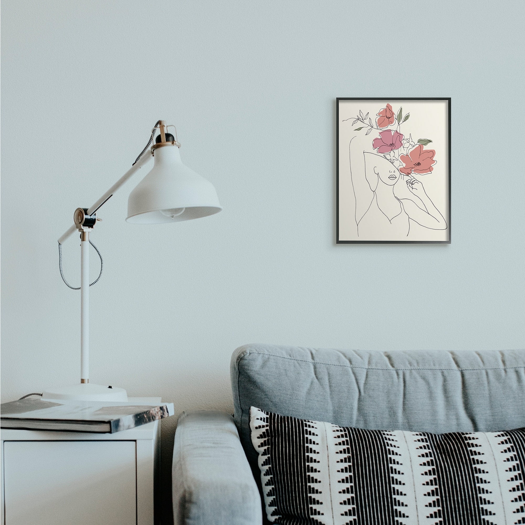Stupell Industries Female Linework Portrait Blooming Floral Sketch Black Framed by Melissa Wang