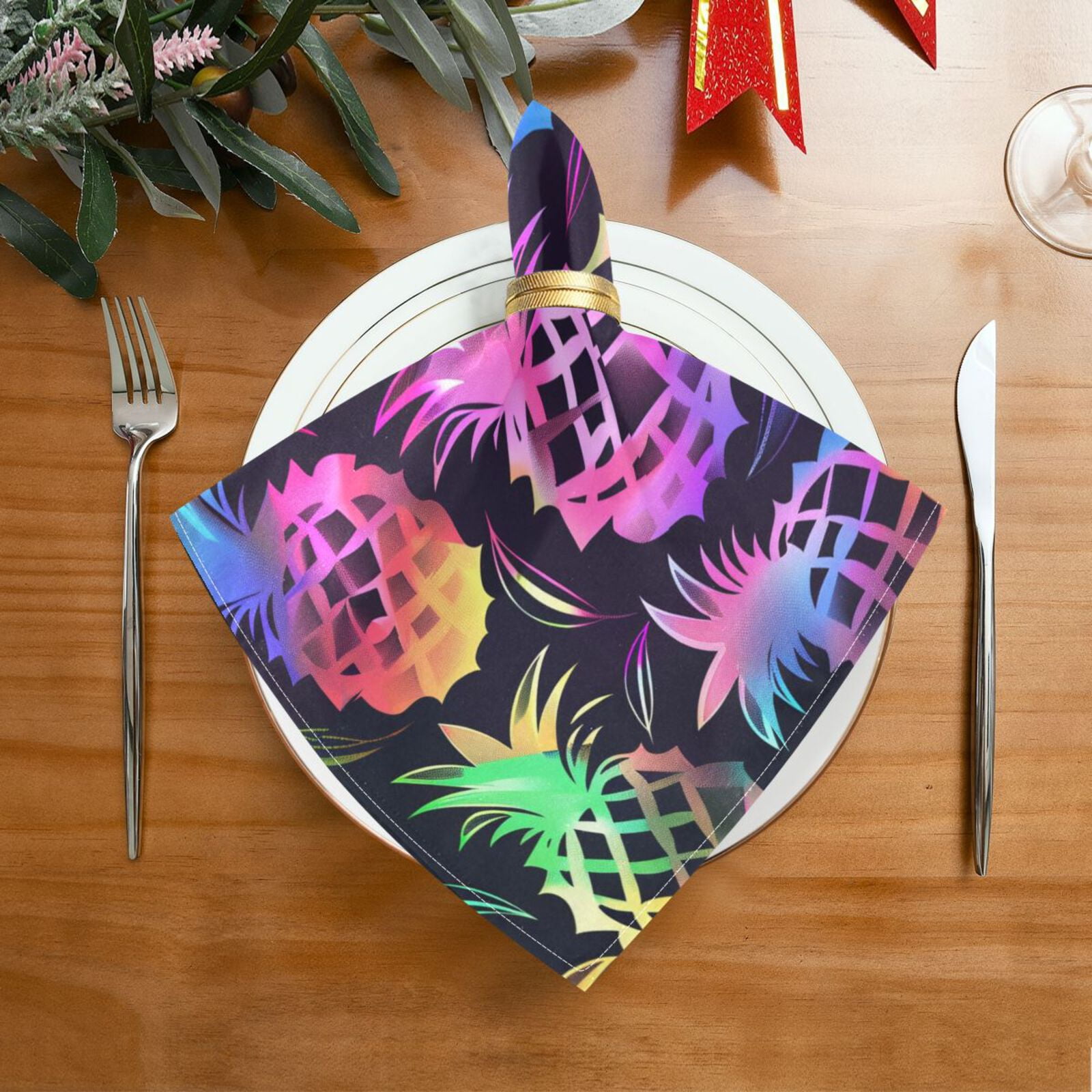 JSTEL Rainbow Color Pineapple Cloth Napkins Set of 6, 20x20 Inch Washable and Reusable Napkin for Decoupage Dinner Party Everyday Use