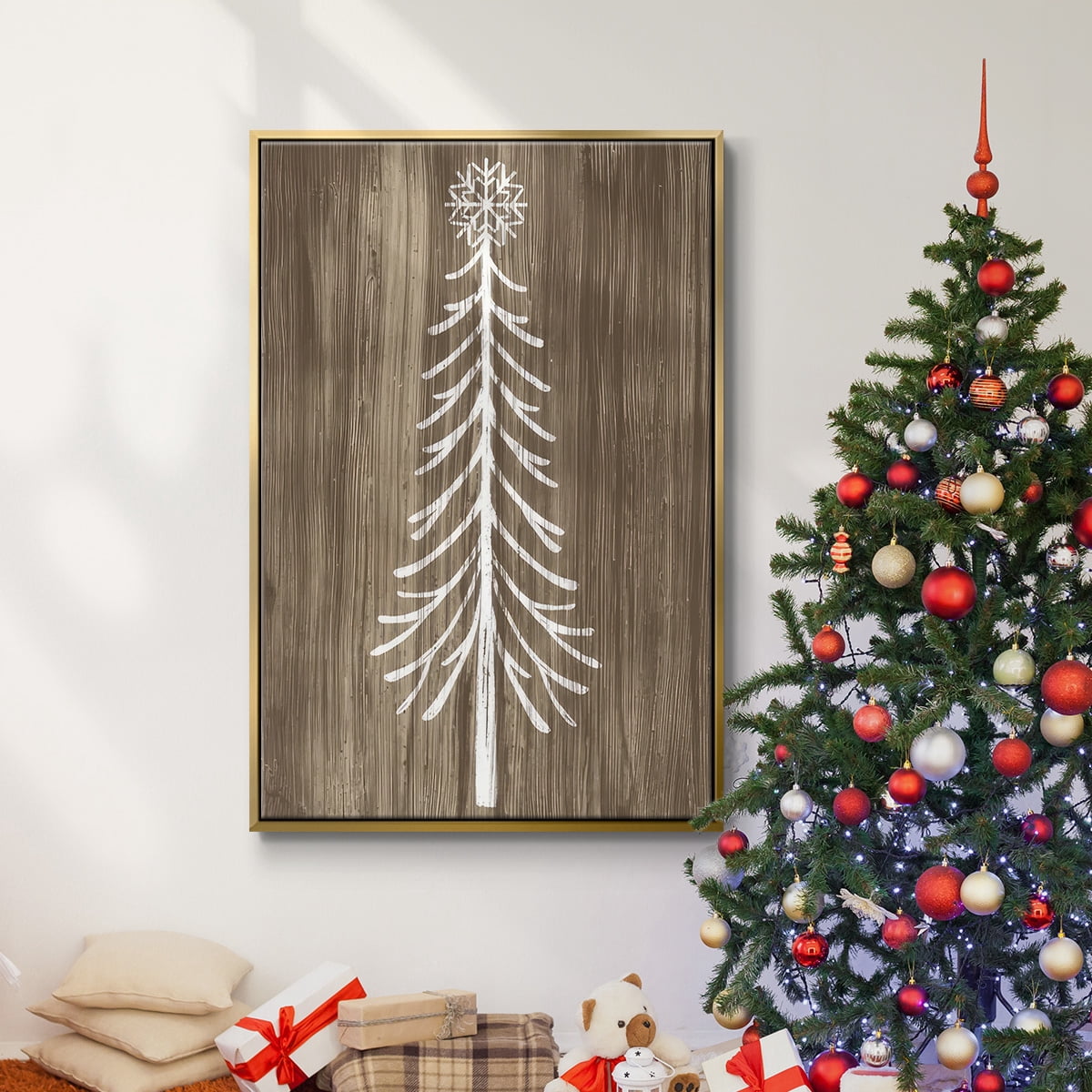 Barnwood Wonderland VII - Framed Gallery Wrapped Holiday Canvas - 27 x 41 - Gold Frame