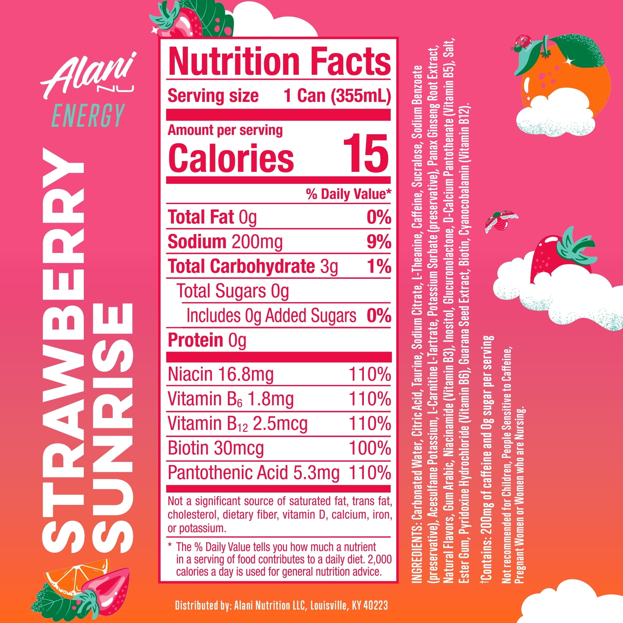 Alani Nu Strawberry Sunrise Energy Drink, 12 fl oz Cans, Pack of 6