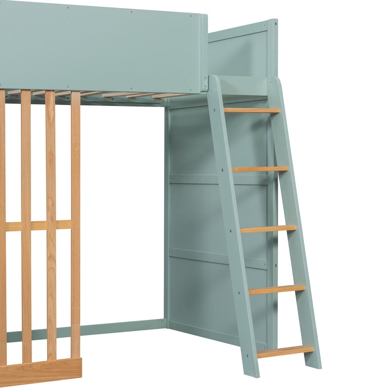 Twin Size Kids Loft Bed with Shelves, Wooden High Profile Teens Storage Bed Frame with Ladder and Removable Large Drawer