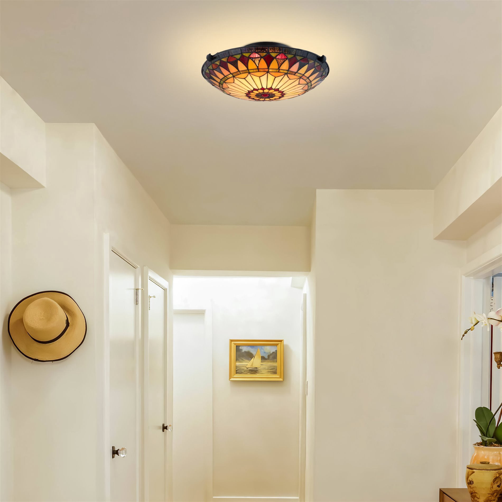Kira Home Mateo 16" Tiffany Style Flush Mount Ceiling Light, 2-Light Hand-Crafted Art Glass Sunflower Pattern, Black