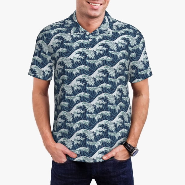 Balery A Japanese Great Wave Camisa Polo de Hombre con Estampado, de Manga Corta y Tejido Medio, Camisa Tipo Golf Polo-Medium