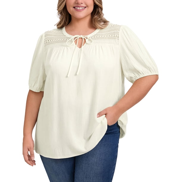 GRACE & GRANDEUR Blusas Casuales de Talla Grande para Mujeres con Media Manga Abullonada, Panel de Encaje y Cuello con Lazo 2X Blanca