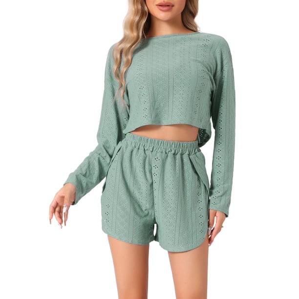 Pijamas de descanso para mujeres INSPIRE CHIC, con blusas de manga larga con corte y pantalones cortos con abertura, conjuntos XS en verde