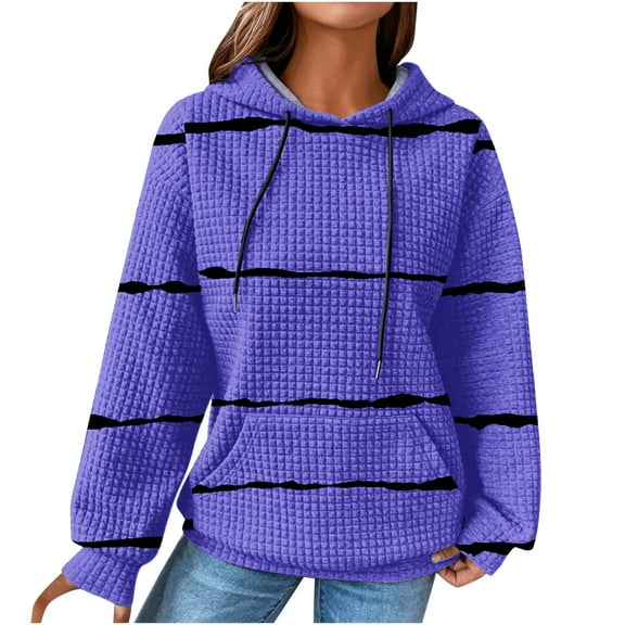 IROINNID Hoodie for Women Stripe Long Sleeve Drawstring Hoodie Casual Waffle Pullover Tops,Dark Blue