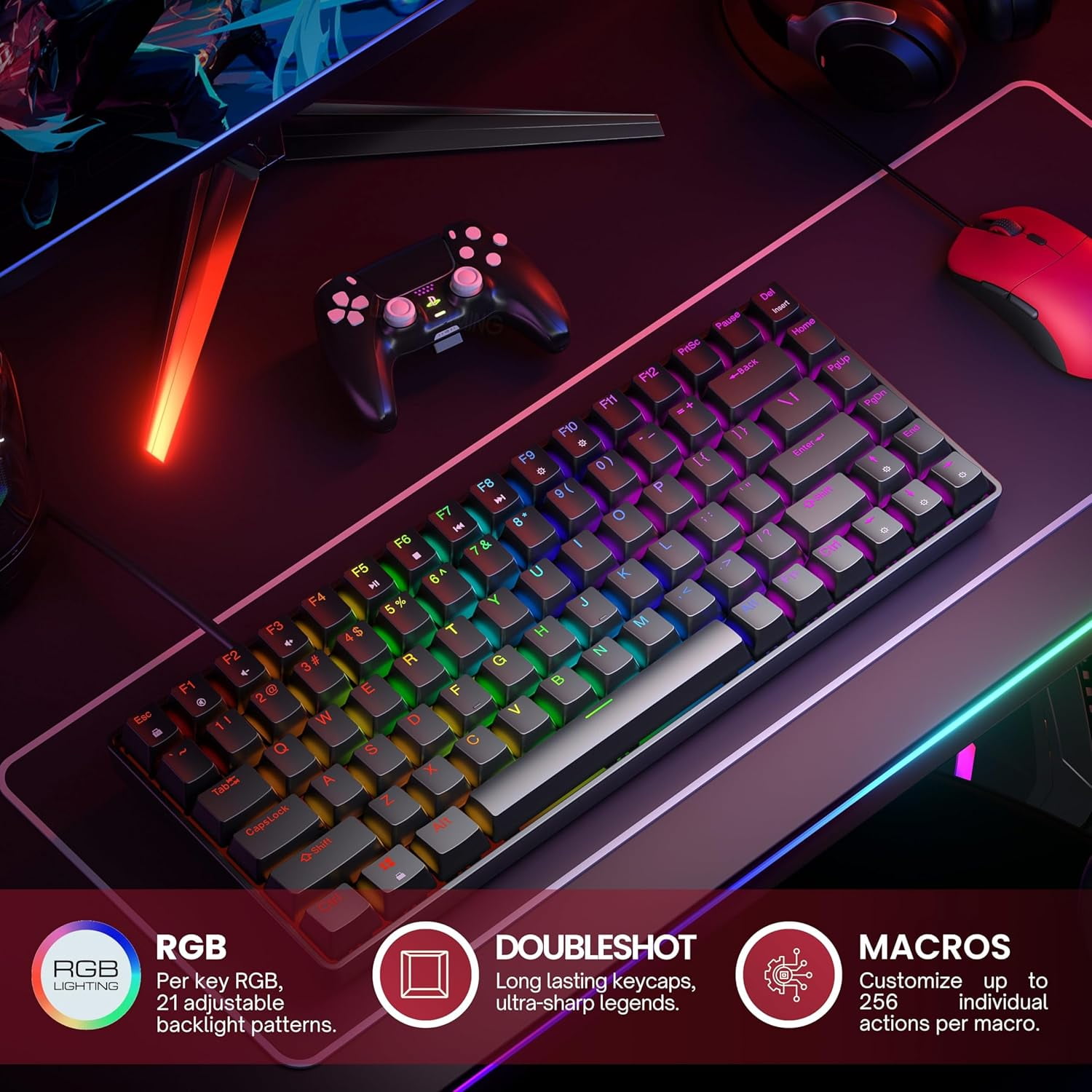 HK GAMING GK75 75% | Hot Swappable Mechanical Gaming Keyboard | 84 Keys Multi Color RGB LED Backlit for PC / Mac Gamer | ANSI US American Layout ( Black , Mechanical Red )