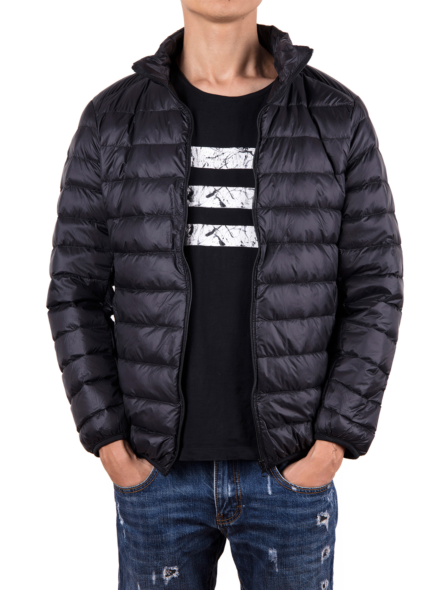 Men Down Jacket Outwear Puffer Coats Casual Zip Up Windbreaker Lightweight Winter Jackets Black - image 2 of 8