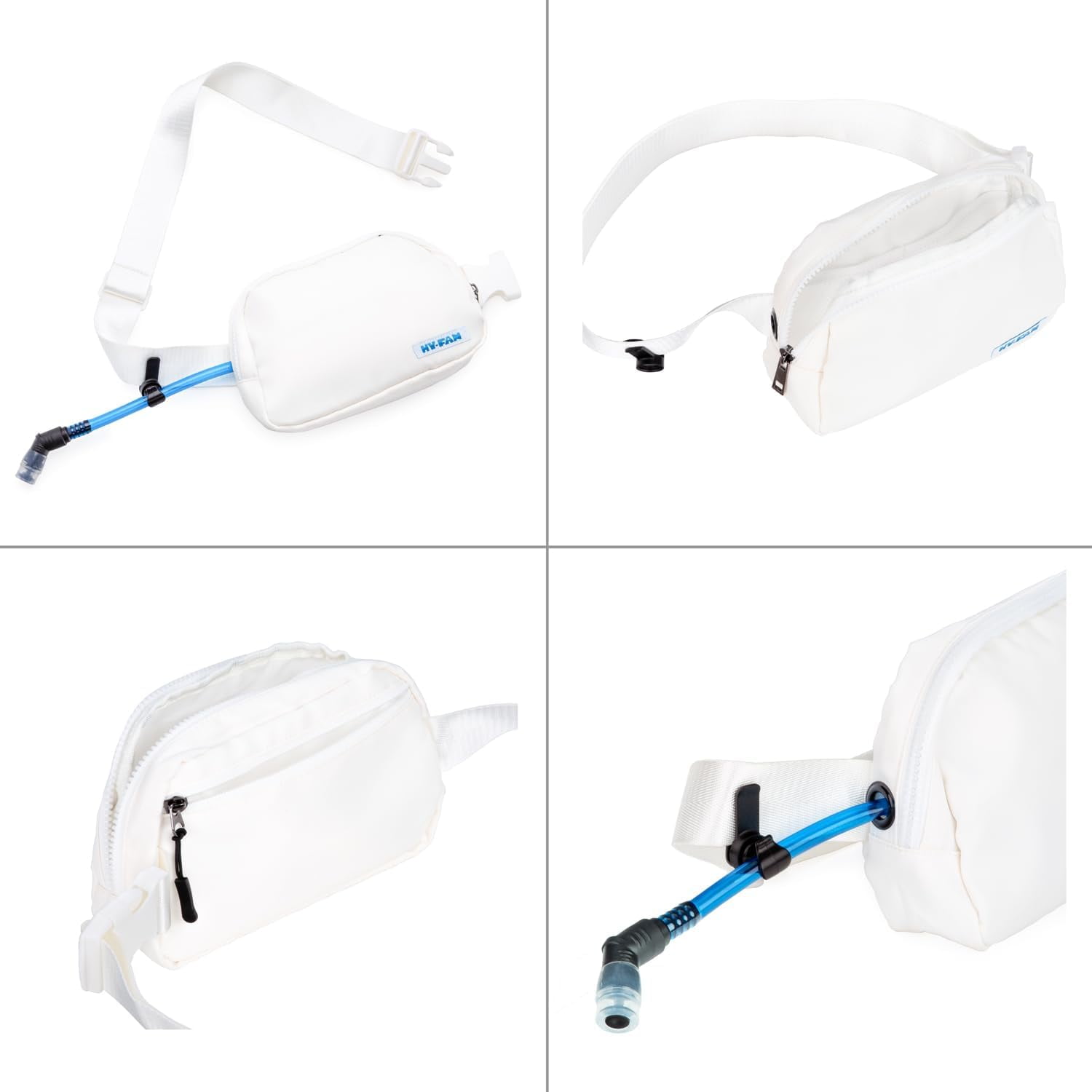 HY-FAN Hydration Fanny Pack with Bladder, 17oz BPA-Free, Hands-Free Design, Secure Pockets, Ideal for Athletic Outdoor Activities, Travel and More - White