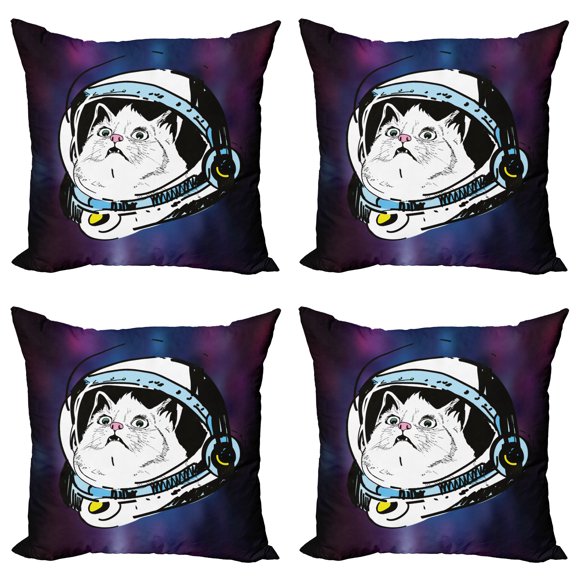 Ambesonne Cat Throw Pillow Cover 4 Pack, Kitten Astronaut Cosmic, 20", Purple White