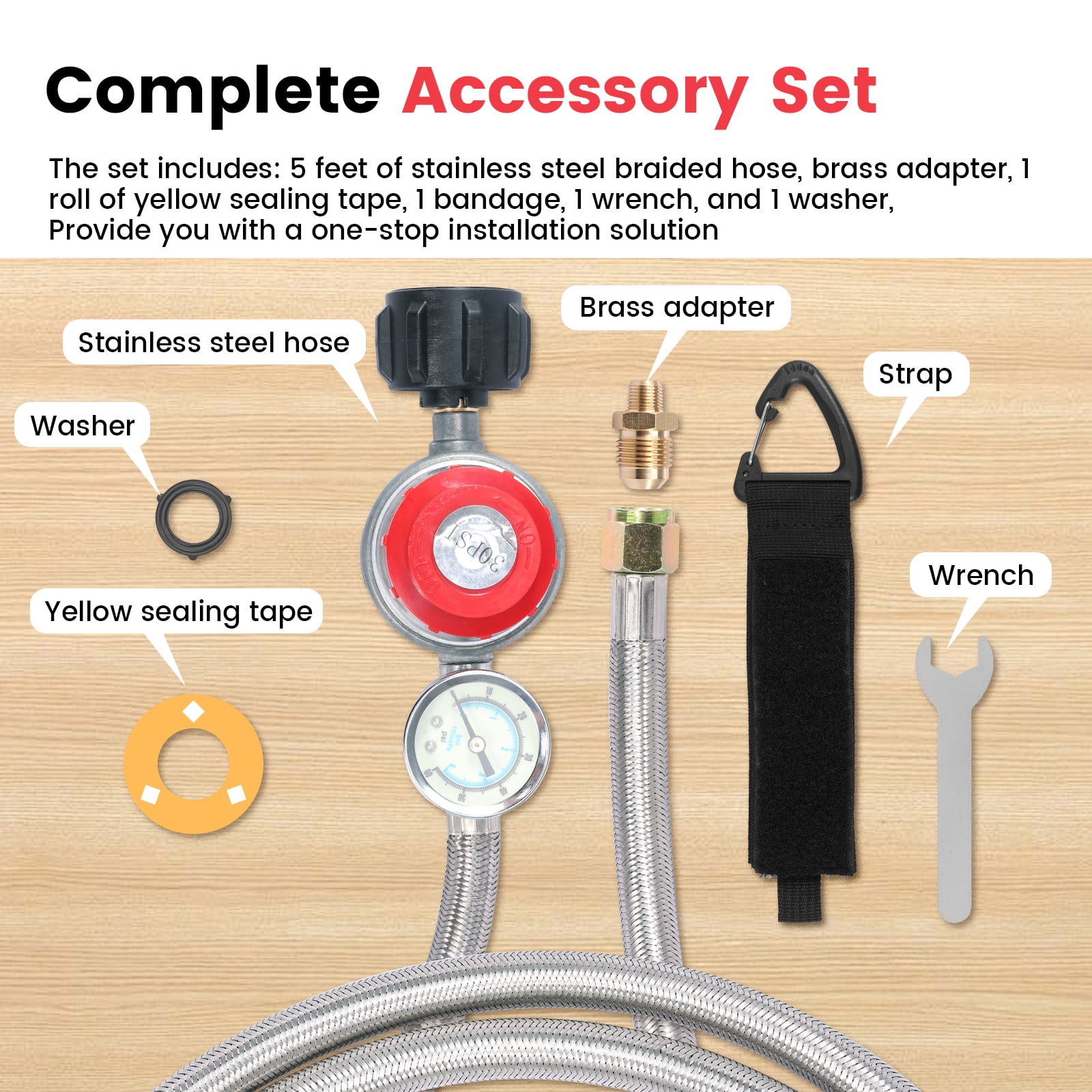5 FT Adjustable Propane Regulator Hose with 0-60PSI Gauge 0~30PSI Adjustable 3/8" Female Flare Gas Grill Regulator for Gas Tank Cooker