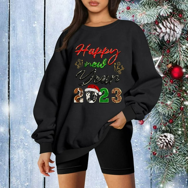 EGNMCR Chandails à Capuchon pour Femmes, Chandails pour Femmes, Chandail à Capuchon pour Femmes Décontracté à Manches Longues Femmes Décontracté à Manches Longues Col Rond Hauts Blouse Ample Nouvel An Noël Imprimé Graphique Chandail pour Femmes Blouse