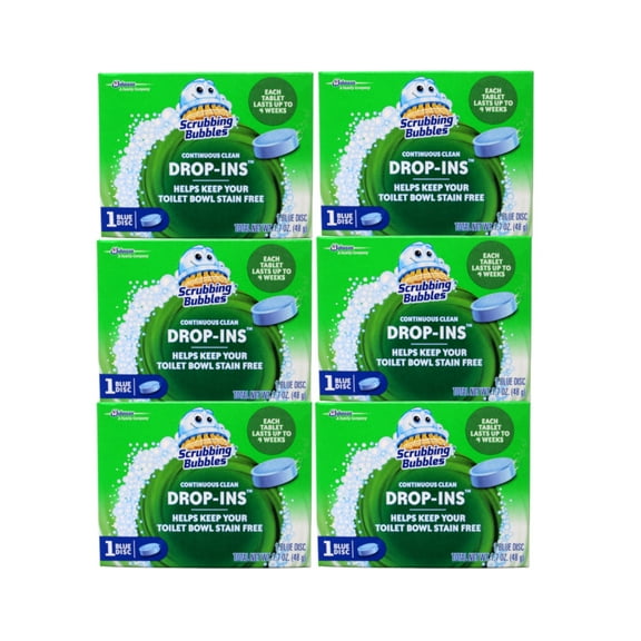 Scrubbing Bubbles Continuous Clean Drop-Ins - One Toilet Bowl Cleaner Tablet Lasts Up to 4 Weeks, 1 Blue Disc, 1.7 oz, - 6 Pack