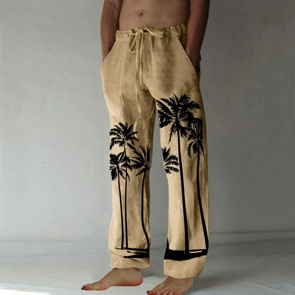 Seeotter Men's Linen Cotton Pants Loose Fit Coconut Tree Printed Casual Pants Lightweight Elastic Waist Summer Beach Pants