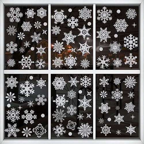 93 PCS Glitter Snowflake Window Stickers Christmas Window Clings, Sparkling Snowflake Window Decals Winter Wonderland Decorations for Home Christmas Party