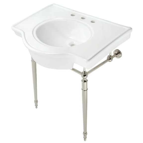 Kingston Brass VPB2215336ST Edwardian 31" Ceramic Console Sink with Brass Legs (8-Inch, 3-Hole), White/Polished Nickel
