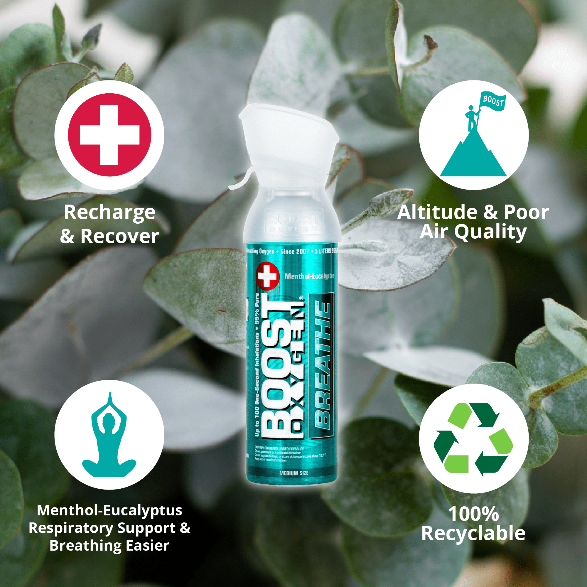 (3 Pack) Boost Oxygen Portable Canned Oxygen, Menthol-Eucalyptus, 5L