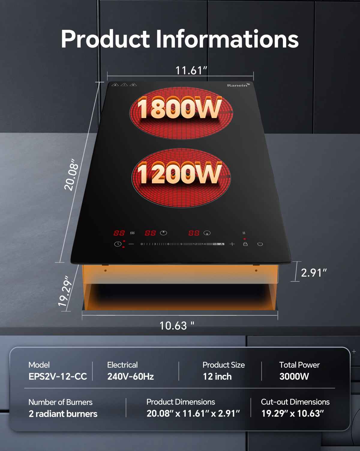 Electric Cooktop with 2 Burners, 12 inch 3000W 240V Ceramic Panel Electric Cooktop, Multiple Safety Protections Stove, Touch Screen