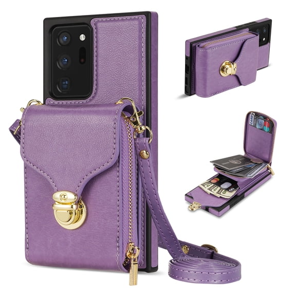 Nalacover Wallet Case for Samsung Galaxy Note20 Ultra,with Removable Adjustable Shoulder Strap,PU Leather Back Zipper Pocket Card Holder Stand Purse Shockproof Phone Case for Women Men,Purple