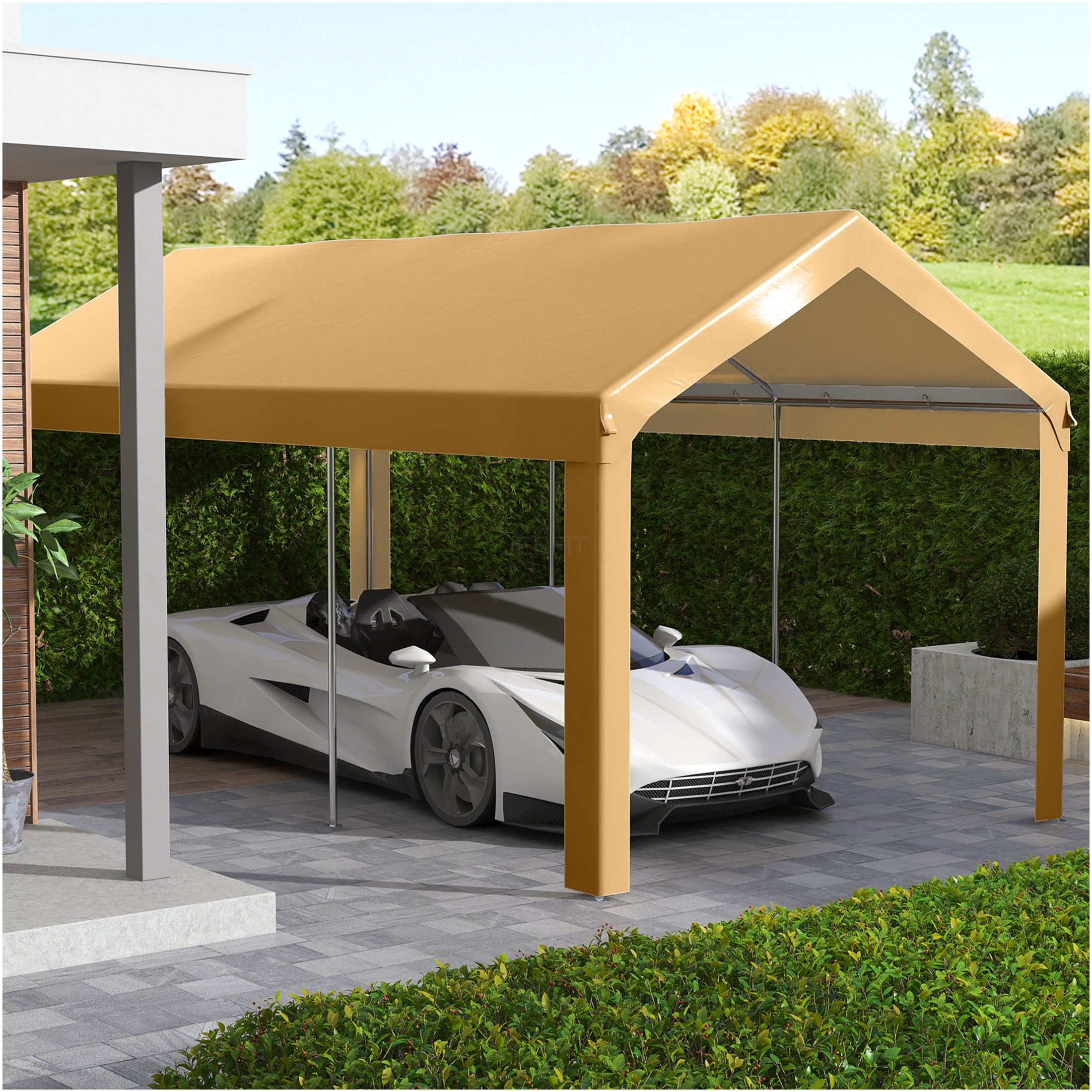 JERFIT 10x20 FT Carport Canopy Replacement Cover, UV & Water Resistant, Heavy-Duty Polyethylene, Beige, with Bungee Cords