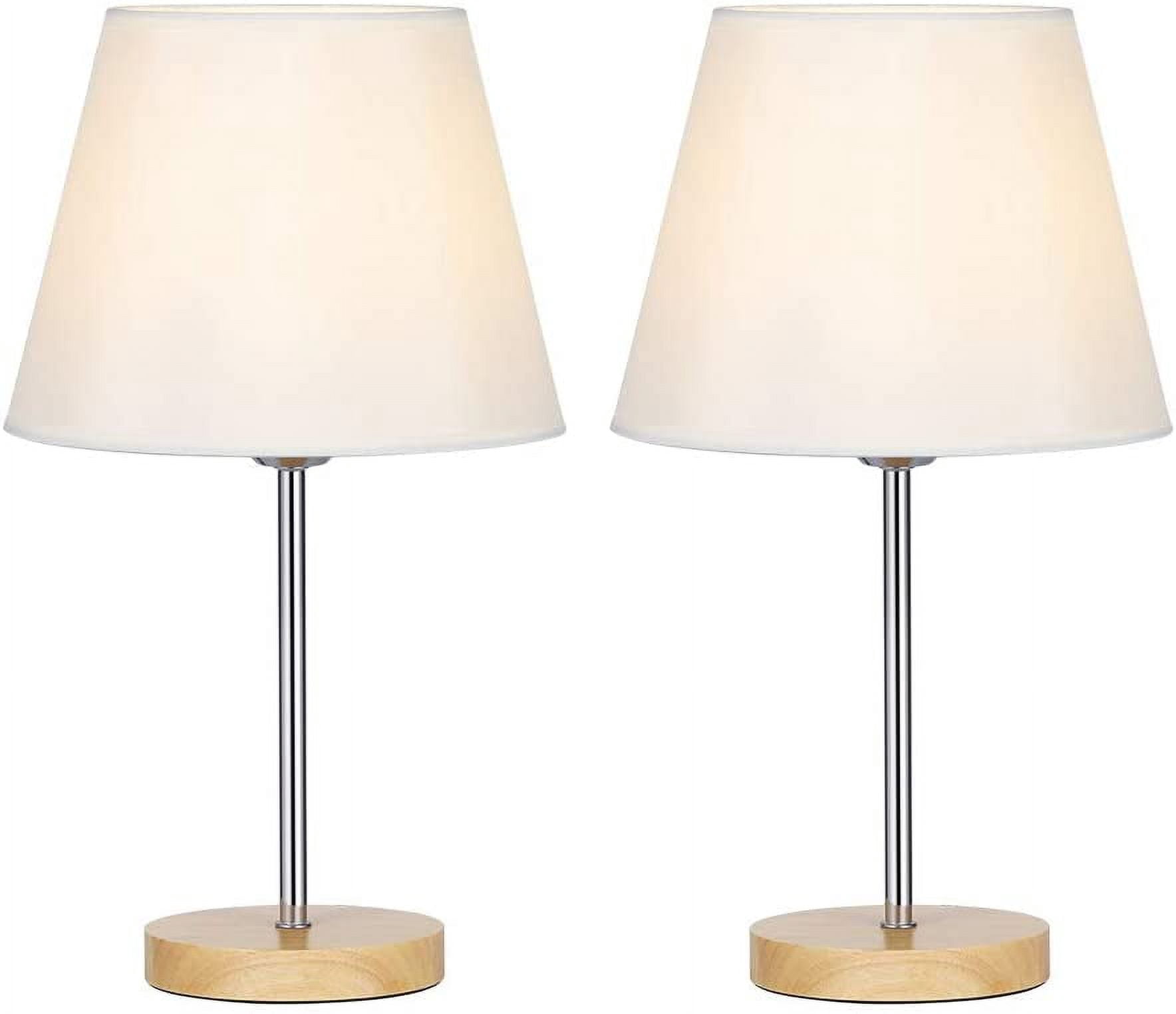 Haitral 4.7" 2-Lights Bedside Lamp Sets with Wooden Base Fabric Shade, Silver, 2-Pieces