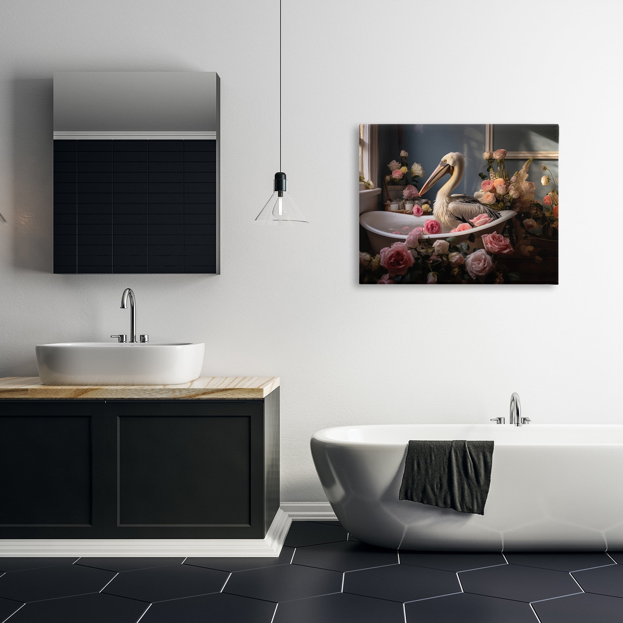 Stupell Industries Pelican in Rose Filled Tub Animals & Insects Painting Gallery Wrapped Canvas Art Print Wall Art, 40 x 30