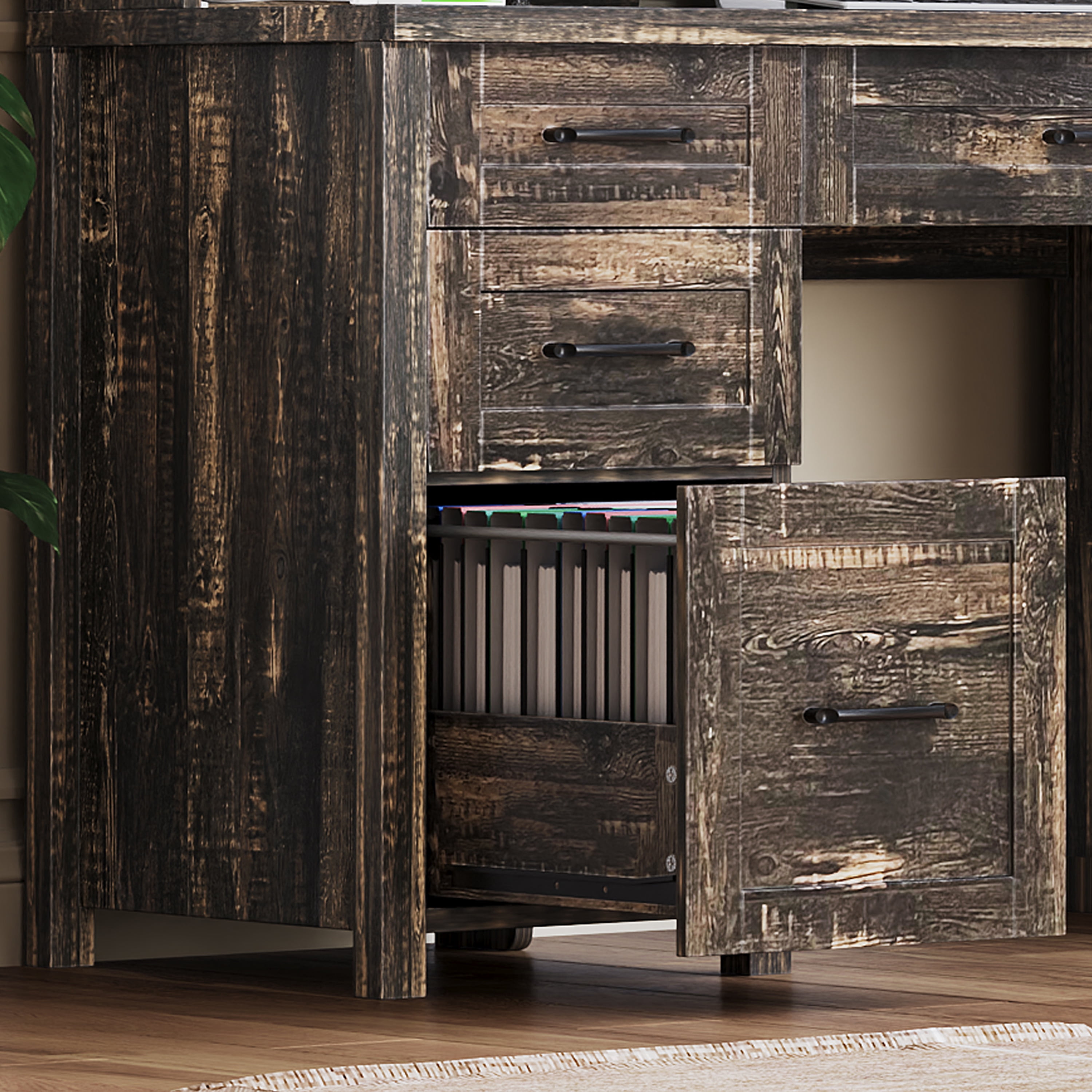 Mintazer Farmhouse Computer Desk with Storage Cabinets & Charging Station, Executive Desk with 2 Sliding Barn Doors and 5 Drawers & Adjustable Shelf for Home Office, Rustic Gray