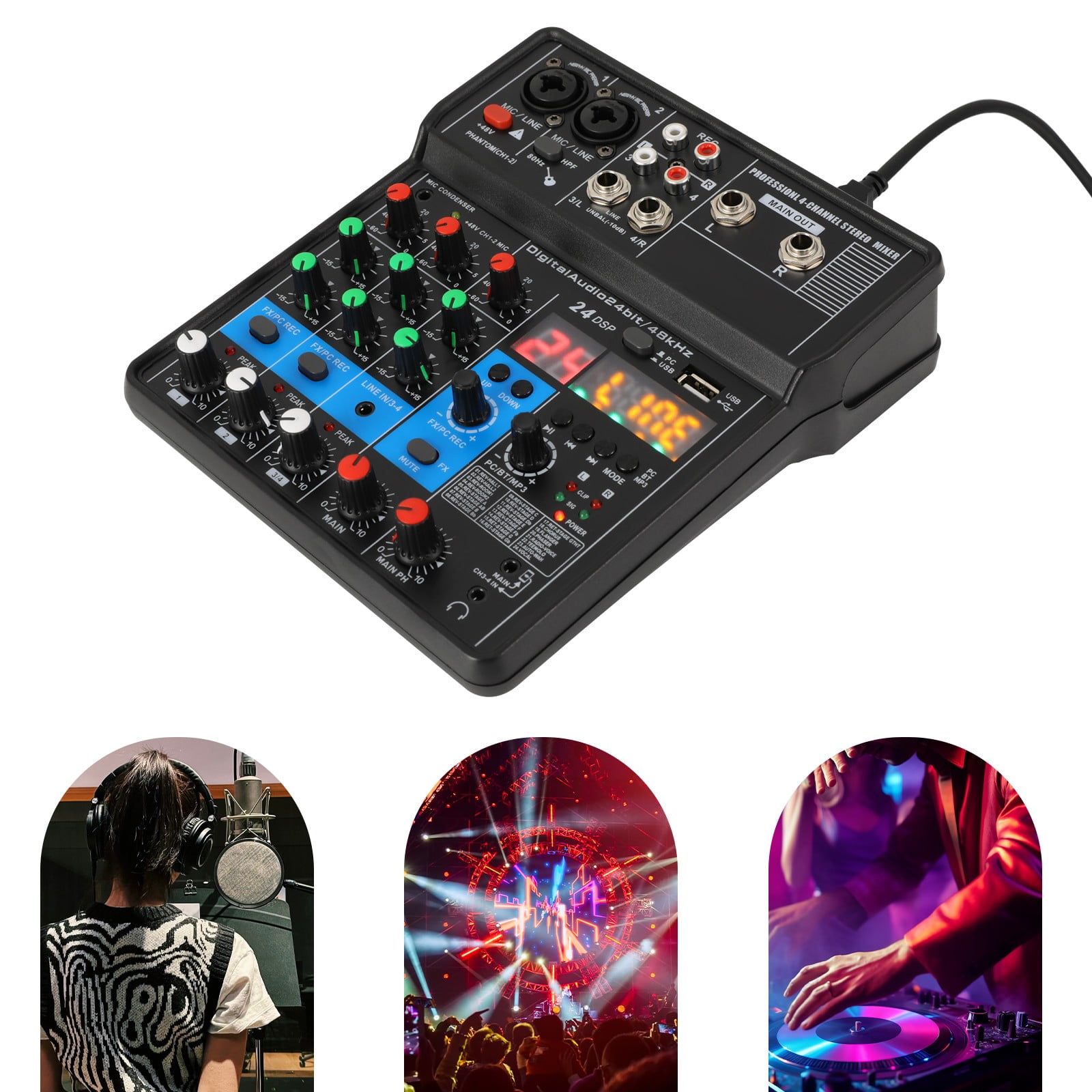 Black Mini 4-channel Audio DJ Mixer Console, Professional DJ Audio Mixer, 4-Channel DJ Controller Sound Mixer, 17*19.5*5cm/6.69*7.68*1.97 in