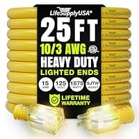 25ft Outdoor/Indoor Extension Cord 10/3 Gauge Ultra Heavy Duty 3 Prong SJTW, Waterproof, ETL Listed, Flexible Cold-Resistant Long Power Cord,125 Amp 1875W, Yellow by LifeSupplyUSA