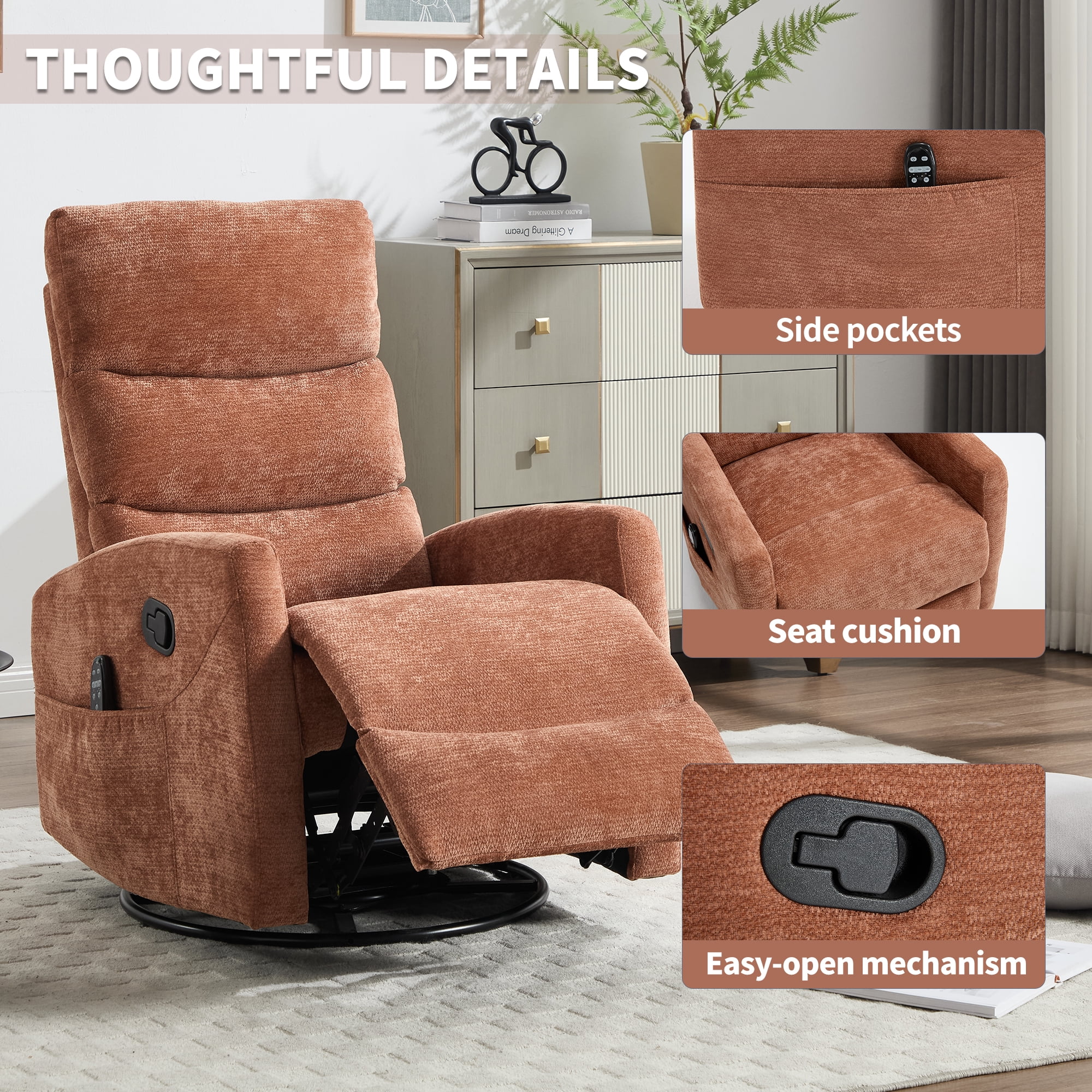 Aukfa 360° Swivel Recliner Rocking Chair with Massage and Heat for Living Room & Nursery, Chenille, Orange