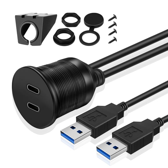 TNP USB C 3.0 Flush Mount Cable, Dual USB Extension Cable 3ft 1M for Car Dashboard with Dash Panel Mount, 2 Port Type A Male to C Female Socket Conne