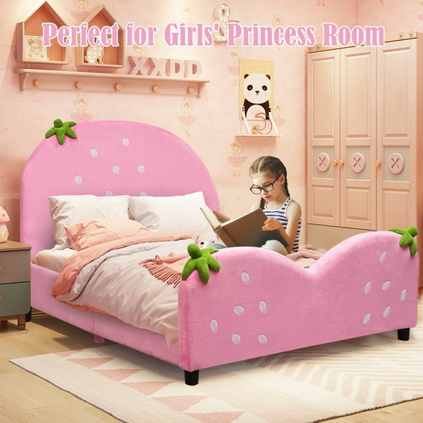 Topbuy Pink Kids Upholstered Twin Bed Toddler Bed with Adjustable