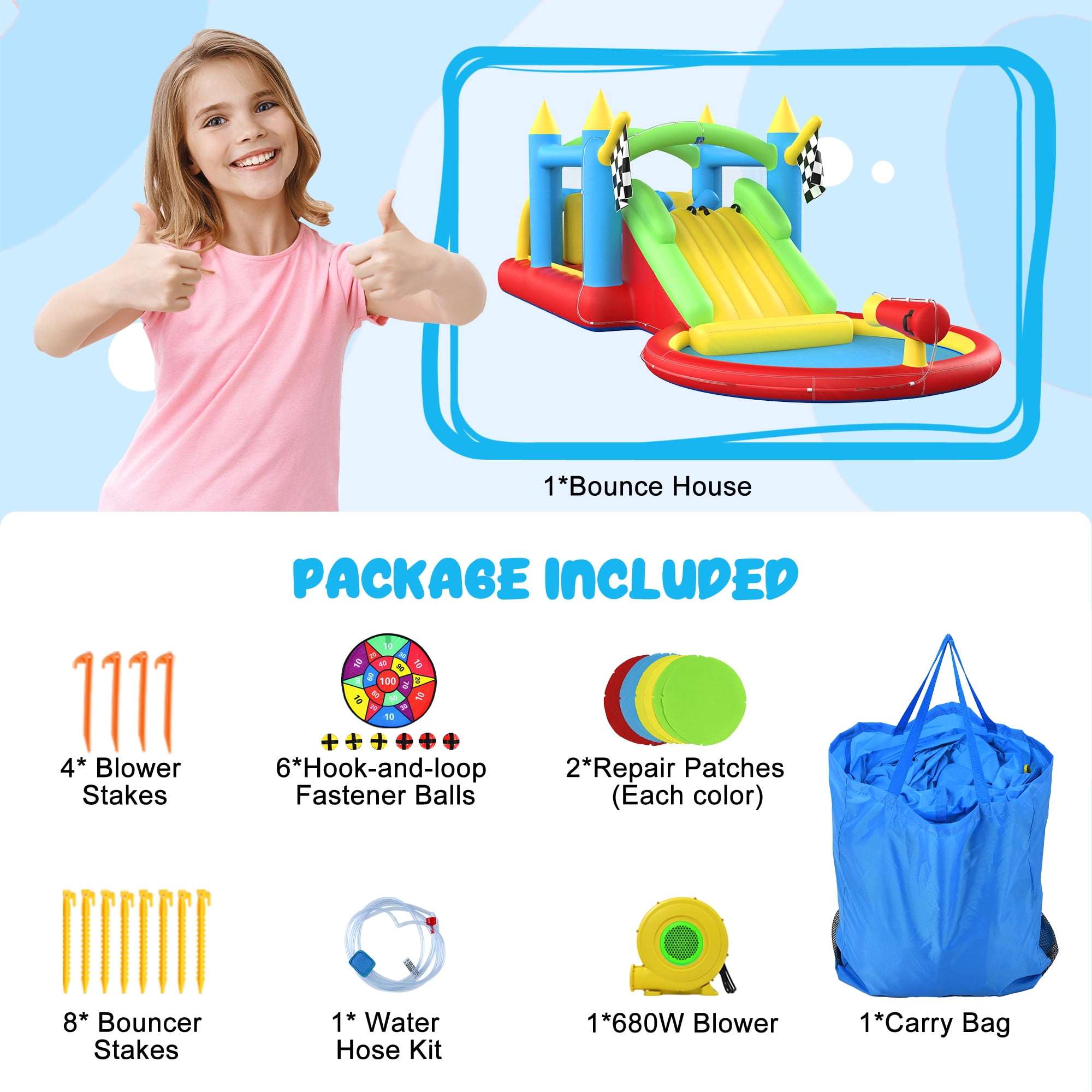KloKick Jumbo Inflatable Water Park & Slide Castle – Dry/Wet Dual Use, 840D Fabric, 400lbs Capacity, for Climbing & Aquatic Fun