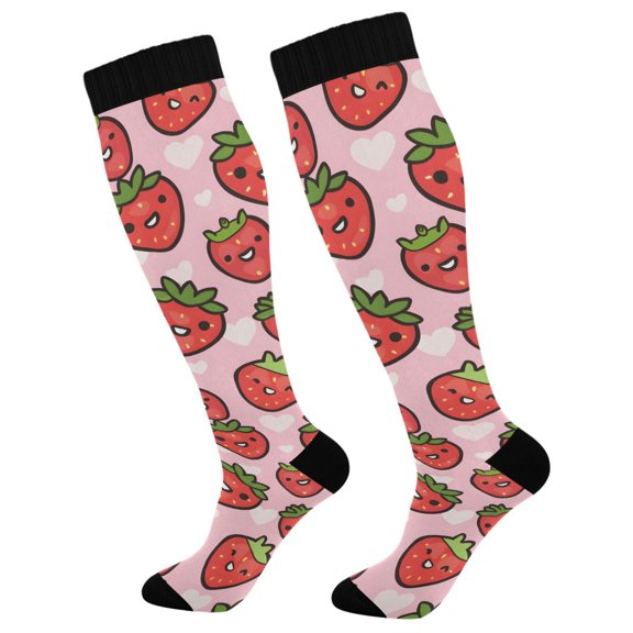 Haosy Compression Socks for Men Women Knee High Running Socks for Nurse Hiking Recovery Travel Athletic 2 Pairs Cute Cartoon Strawberry