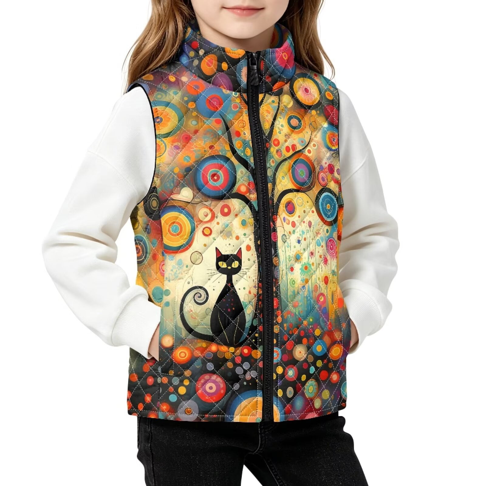 FKELYI Abstract Tree Cat Print Kids Quilted Vest 3Y Sleeveless Jacket with Pockets Full Zipper Stand Collar Warm Vest Quilted Outwear Coat for 2-12 Y