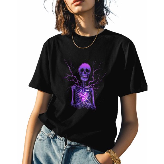 Abstract Skull Heart Womens Tshirt Graphic Tees Cotton Crew Neck T-Shirts, Casual Short Sleeve Shirts for Women Teen Girl Purple