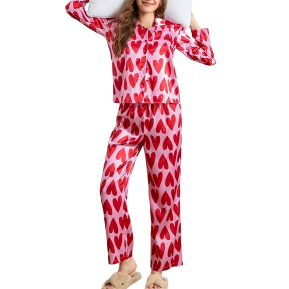 Women Heart Print Pajamas Set Long Sleeve Button Down Shirts Long Pants Sleepwear 2 Piece Lounge Set