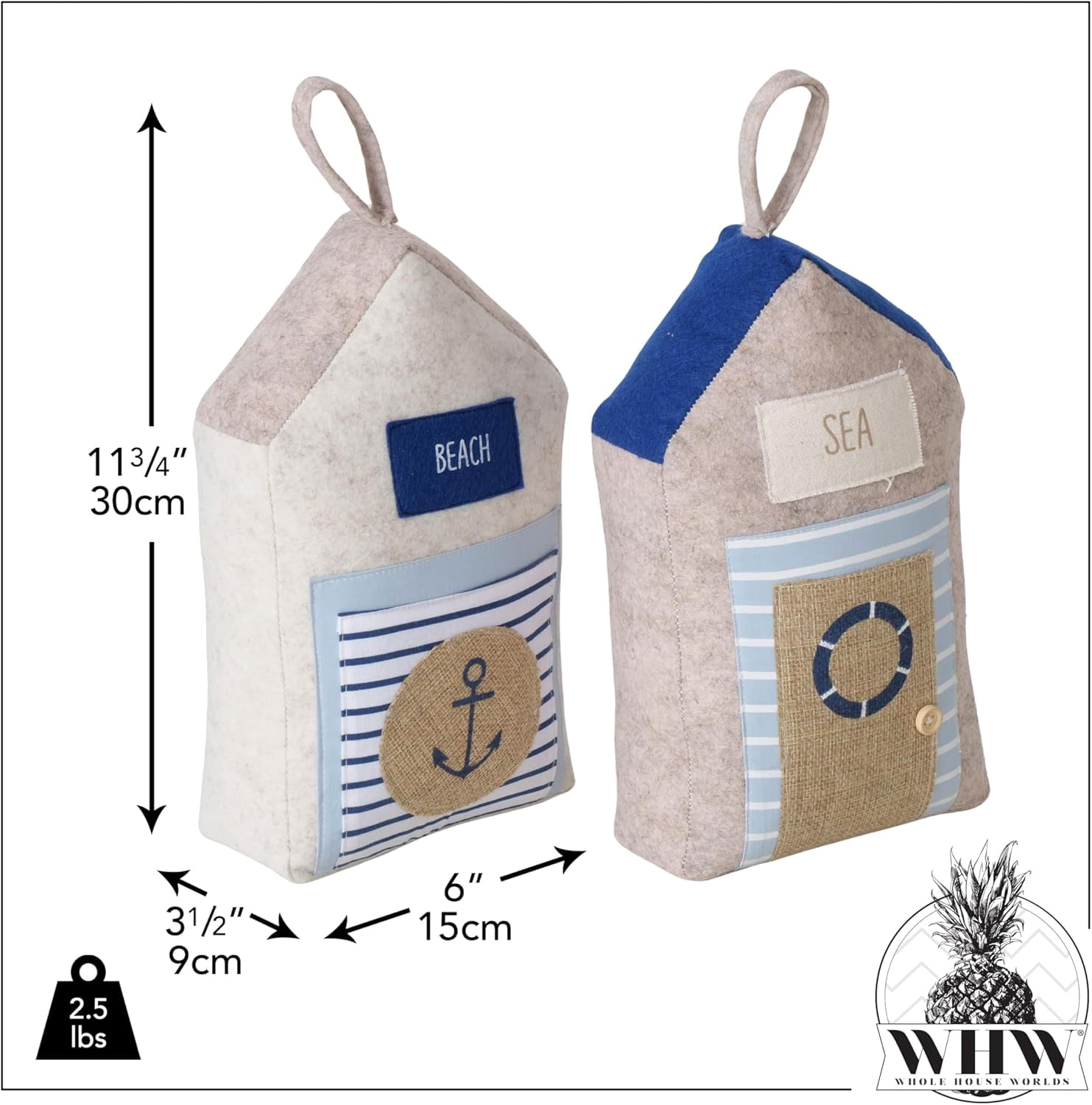 Coastal Cabana Soft Door Stops, Jute, Cotton, Loop Tops, Weighted, 11.75 Inches, House Shaped with Anchor and Lifesaver Fabric Embellishments